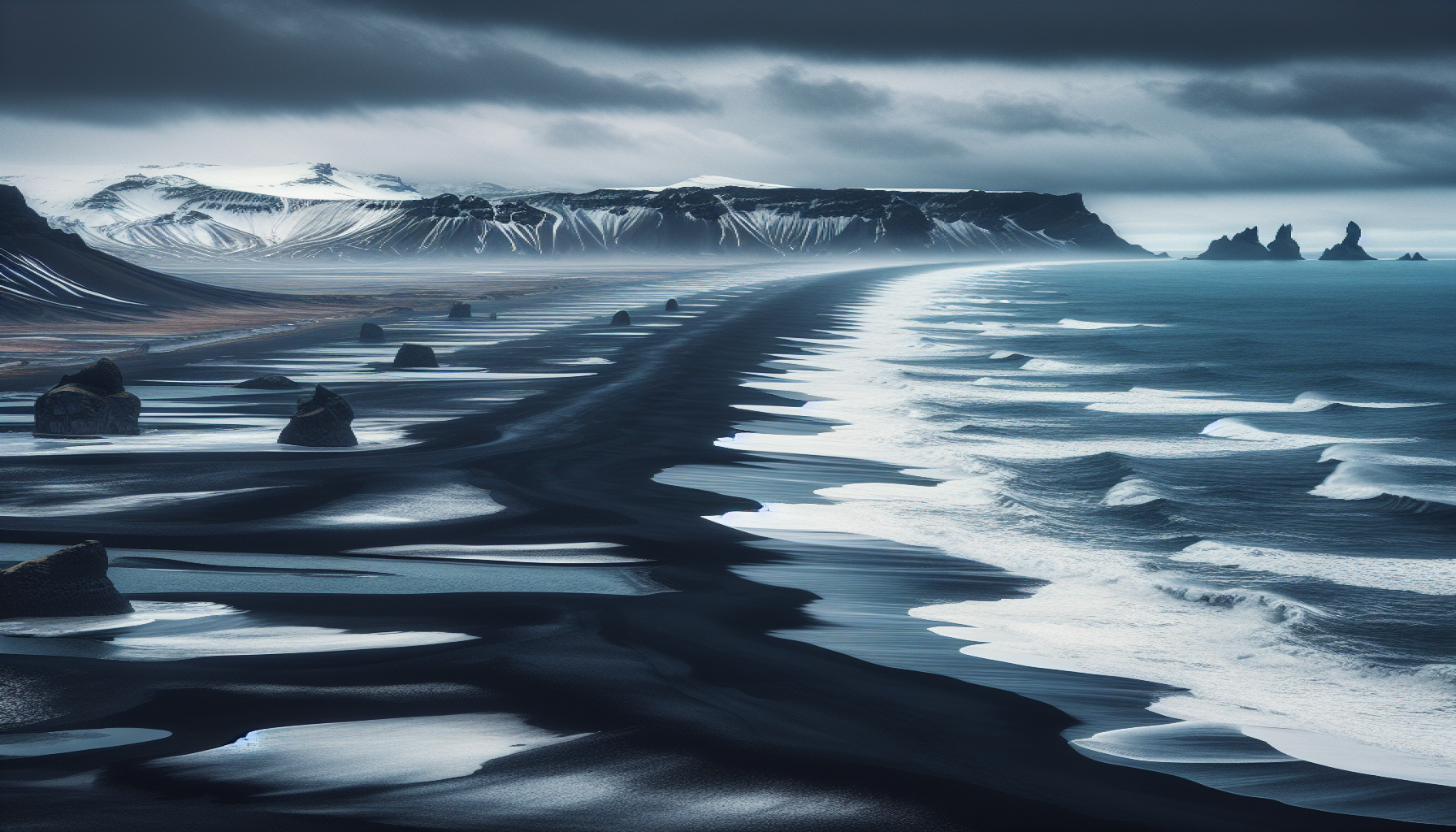 As praias de areia preta de Vík, Islândia